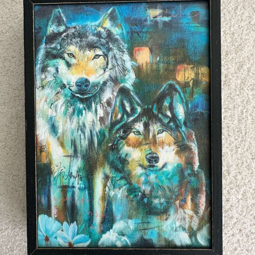 Blue Teal Wolf Duo Canvas Wall Art